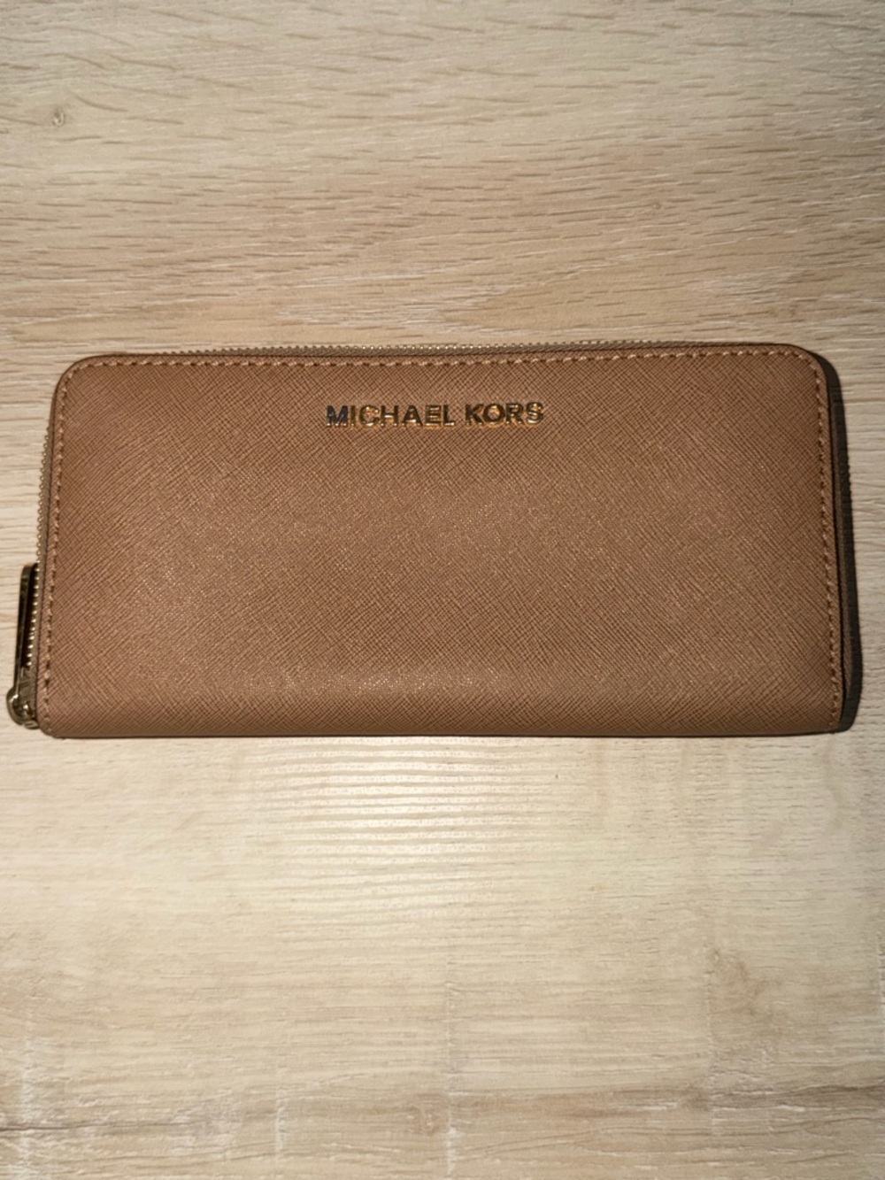 Michael Kors (AUTHENTIC) Tan Saffiano Zip Wallet with Gold Logo